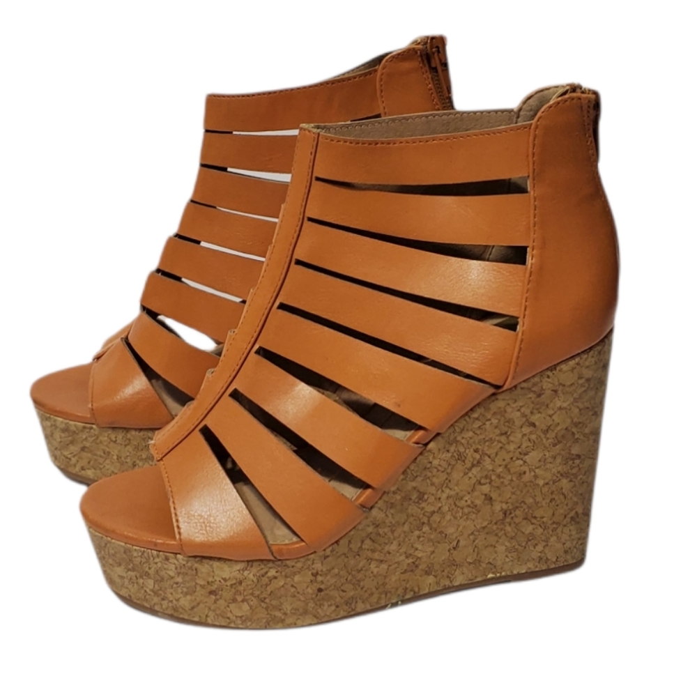 FRH Cognac Caged Wedge Sandals